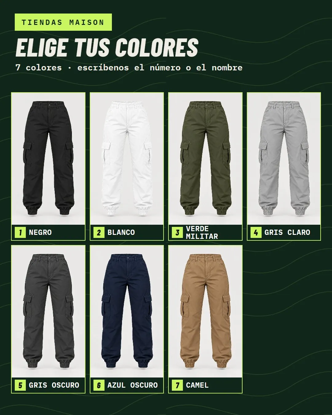 Elige tus colores: negro, blanco, verde militar, gris claro, gris oscuro, azul oscuro, camel.
