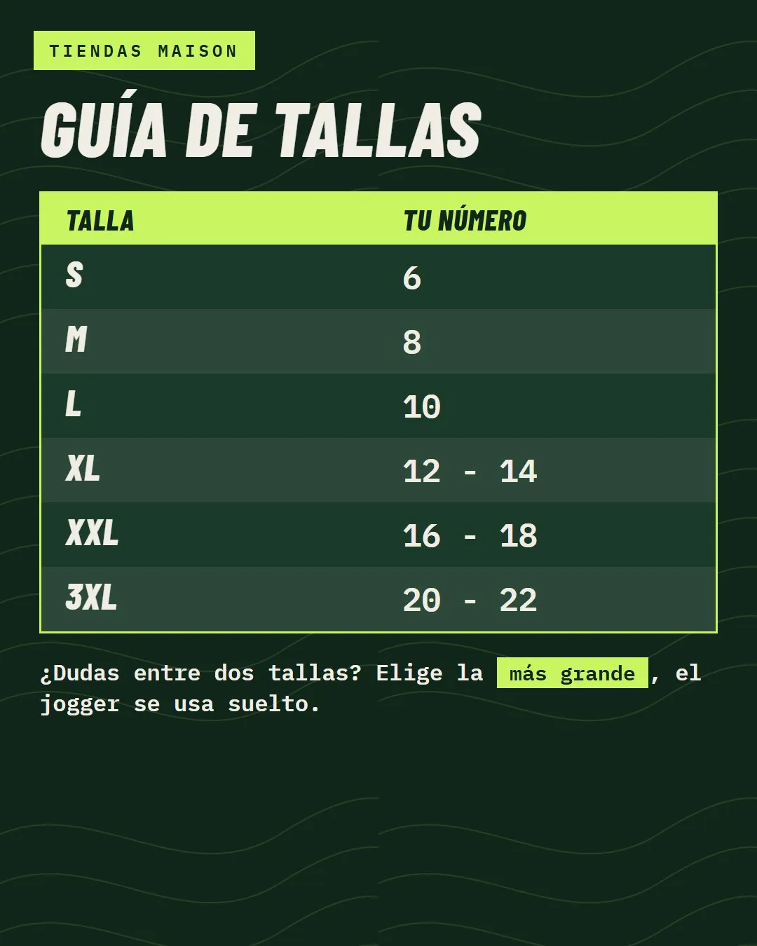 Guía de tallas: S, M, L, XL, 2XL, 3XL. Si dudas entre dos tallas, elige la más grande.