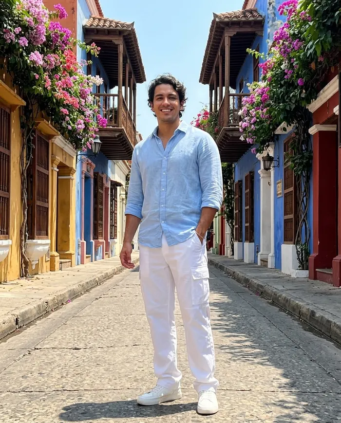 Pantalón cargo blanco con camisa azul claro