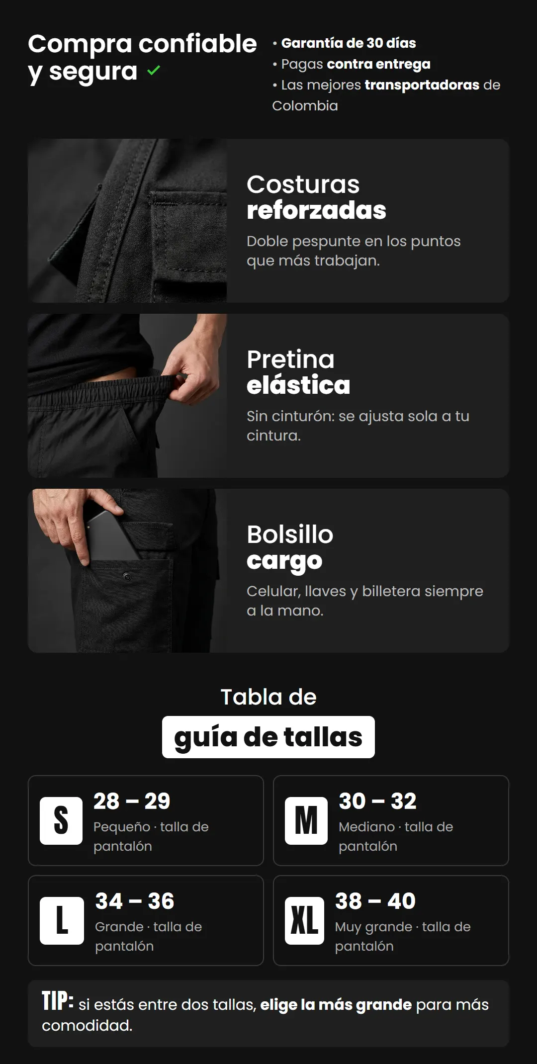 Compra confiable y segura: costuras reforzadas, pretina elástica y bolsillo cargo. Guía de tallas: S 28 a 29, M 30 a 32, L 34 a 36, XL 38 a 40.