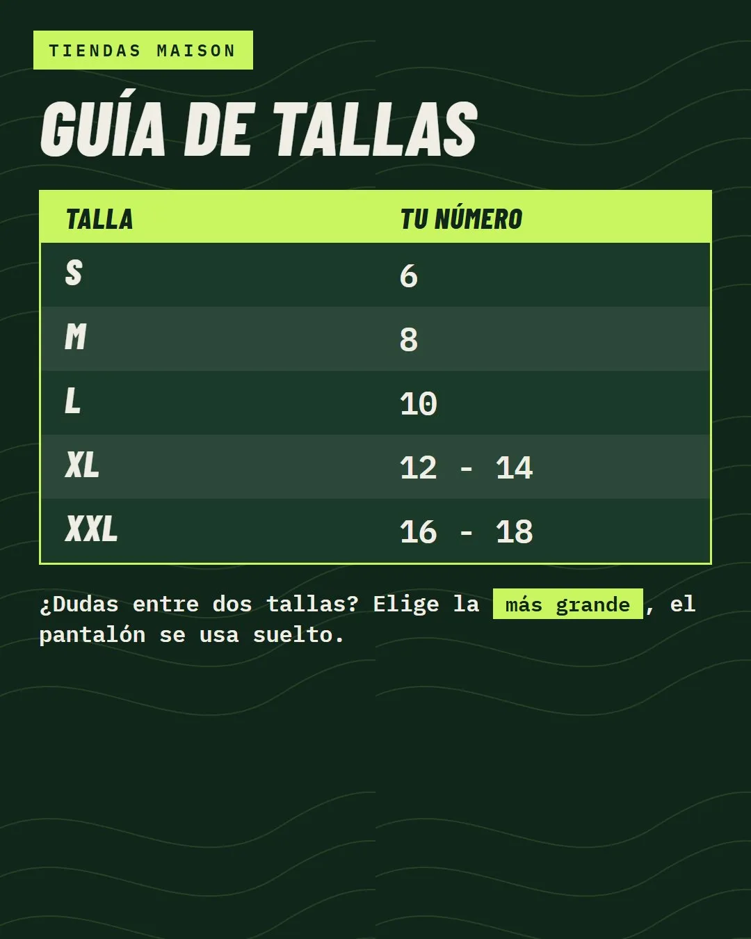 Guía de tallas: S, M, L, XL, 2XL. Si dudas entre dos tallas, elige la más grande.